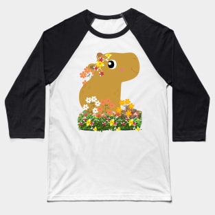 Cute Brown Kawaii Capybara sitting in flowers Baseball T-Shirt